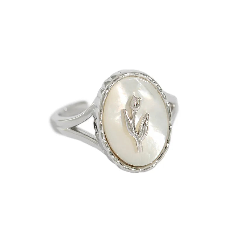 S925 Sterling Silver Natural Shell Gemstone Ring Women Geometric Oval Tulip Adjustable Couple Ring Fashion Jewelry Couples Ring