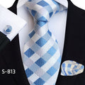 Novelty Plaid Polyester Ties Set for Men Fashion Blue White Tie With Handkerchiefs Fabric Cufflinks Men Business