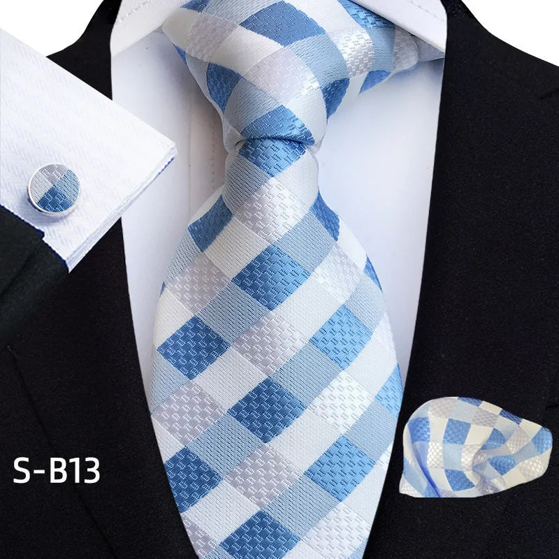 Novelty Plaid Polyester Ties Set for Men Fashion Blue White Tie With Handkerchiefs Fabric Cufflinks Men Business