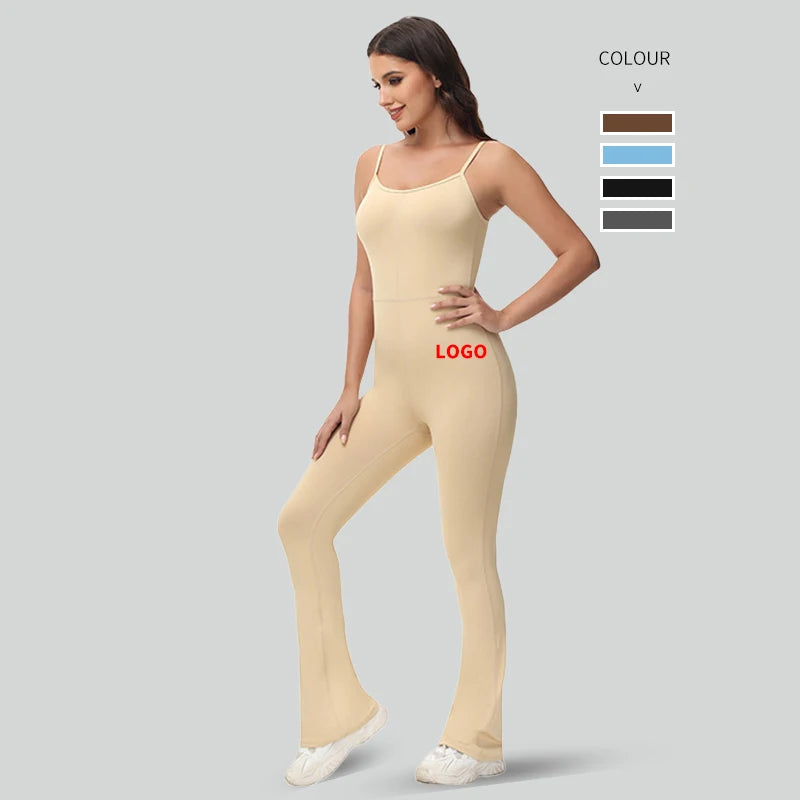 Custom Logo Women's Chic Jumpsuit Flare Yoga Leggings Yoga Fitness Wear v Back Jumpsuit Flared Women's Jumpsuit