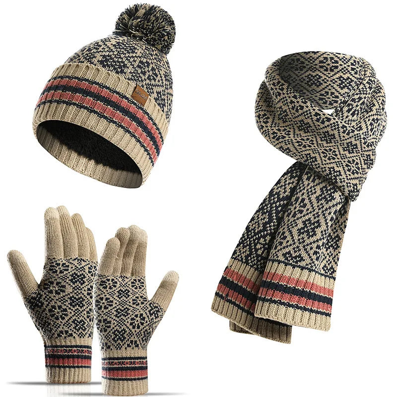 Outdoor Sports Travel Winter Beanie Hat Neck Warm Scarf Touch Screen Gloves Set for Women and Men Knit Cap Set