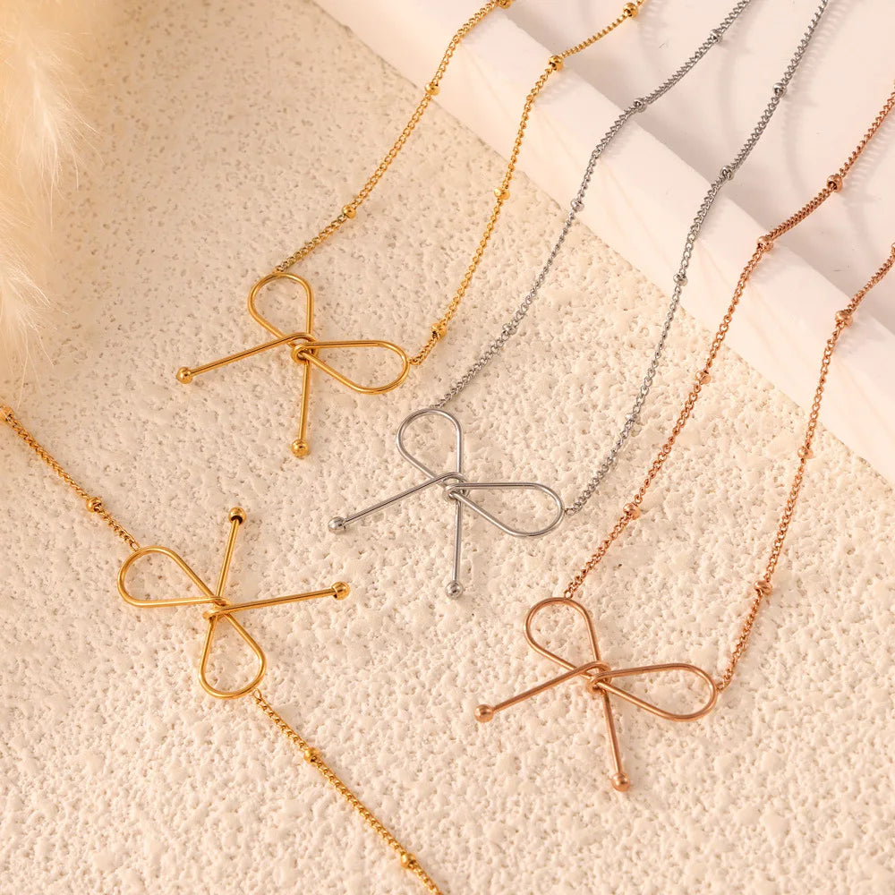 Chic Style Simple Sweet Bow Collarbone Necklace Bracelet Women's Set Stainless Steel 18k Gold Plated Bowknot Jewelry Set