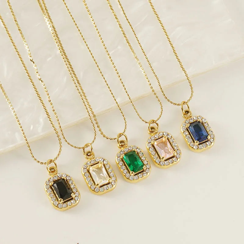 Rainbow Zircon Necklace Geometric Square Pendant Necklace Stainless Steel Fashion Jewelry Necklace