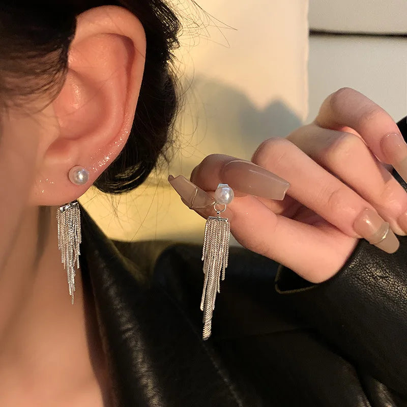 2021 Women's Fashion Statement Earrings 925 Silver with Post Pearl and Fringe Tassel Stylish Drop Design