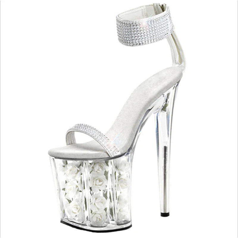 Transparent Platform Flower Thin Heel 20cm Pole Dance Model Walk Show High Heels Summer Large Sandals