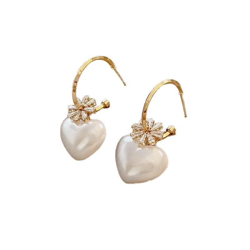 18K Gold Plated CZ Zircon Flower Circle Earrings with White Pearl Heart Drop Fashionable Drop Earrings