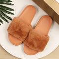 Women Girls Four Season Anti-Slip Faux Fur Indoor Open Toe Flat Slide Sandals Slipper