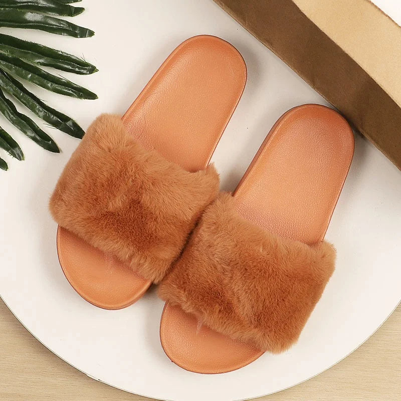 Women Girls Four Season Anti-Slip Faux Fur Indoor Open Toe Flat Slide Sandals Slipper