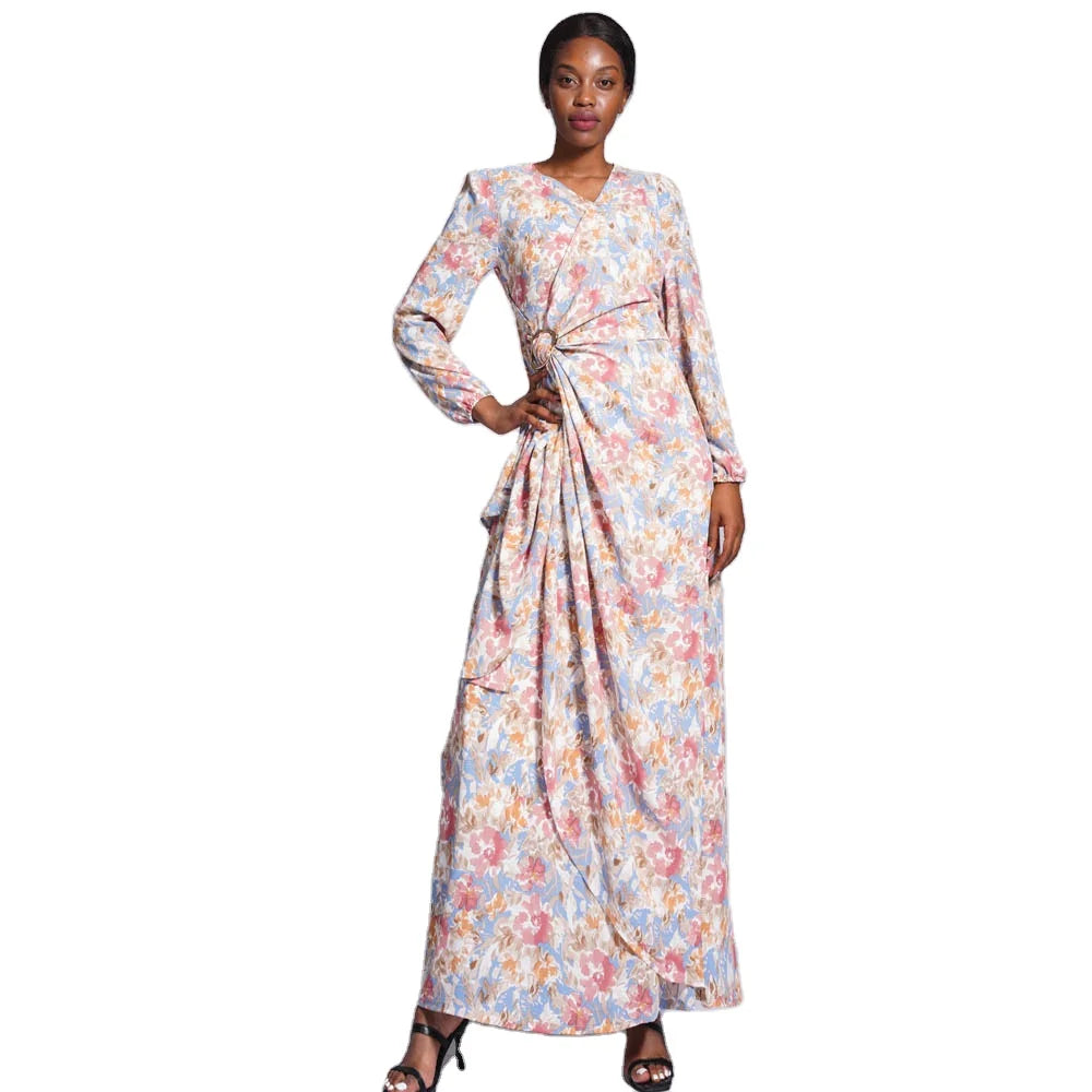 2026 Flower Printing Material Classic Style Floor Length Elastic Waist Big Metal Button Long Dress for Muslim Women