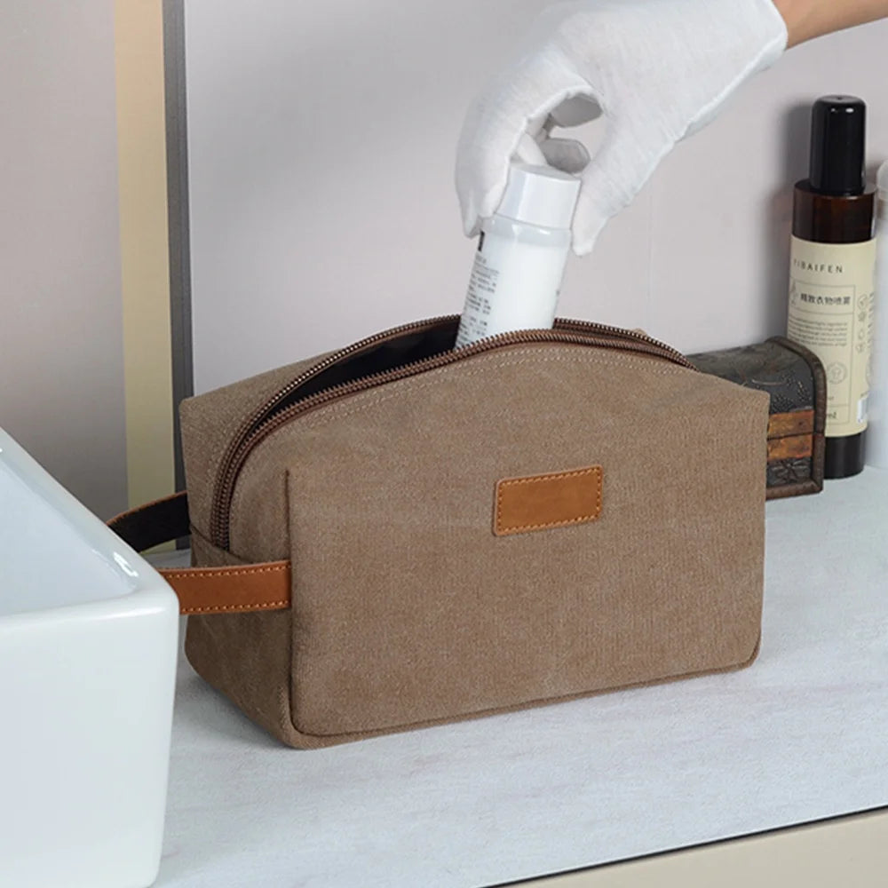 2025 New Retro Fashion Toiletry Bag Waterproof Canvas Crazy Horse Leather Zipper Travel Handbag for Makeup Storage