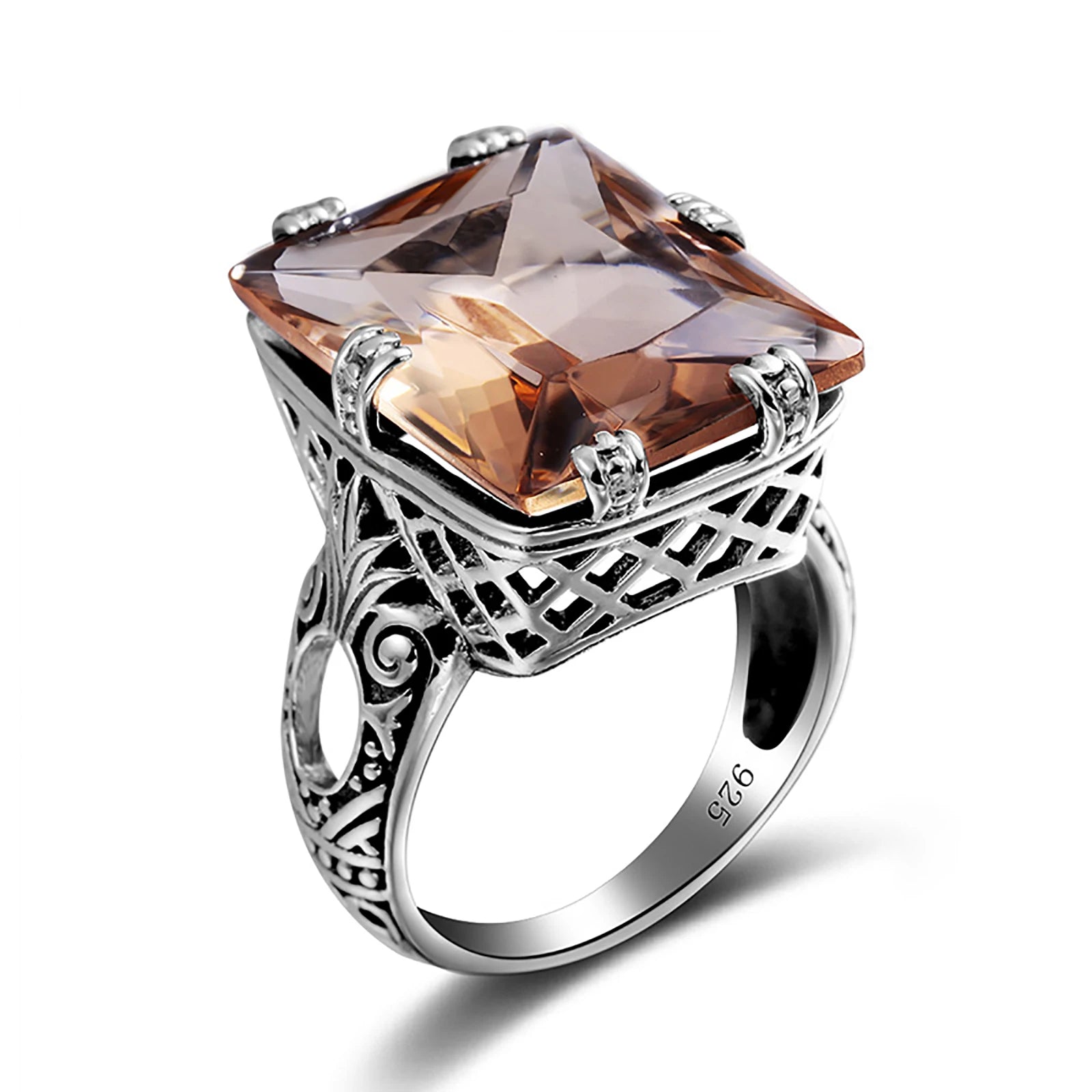 Vintage Men's Emerald Cut Bezel Setting Rectangle Amber Gemstone 925 Sterling Silver Wedding & Party Ring