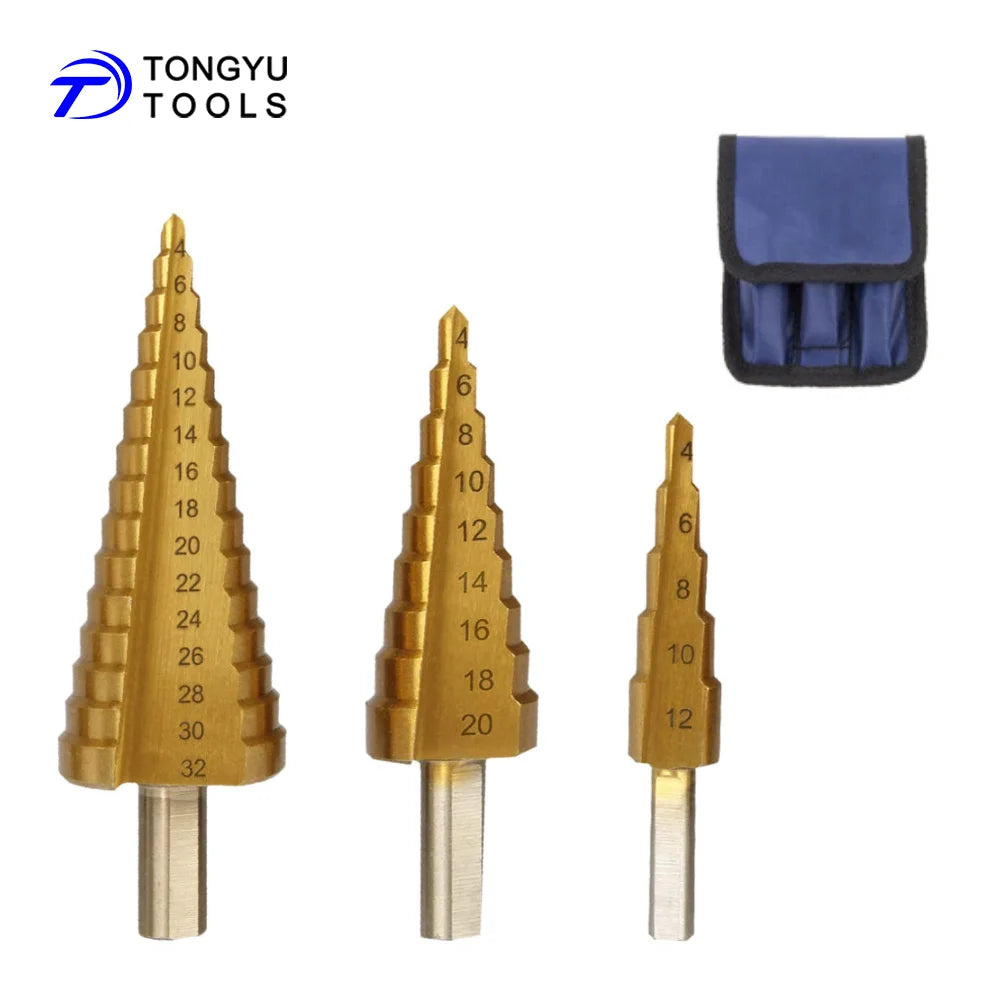 3Pcs Step Drill Bit Set 4 - 32mm TiN Coated Tri Flats Shank HSS Unibit Cone Bit for Thin Metal Sheets Aluminum Tube Wood DIY