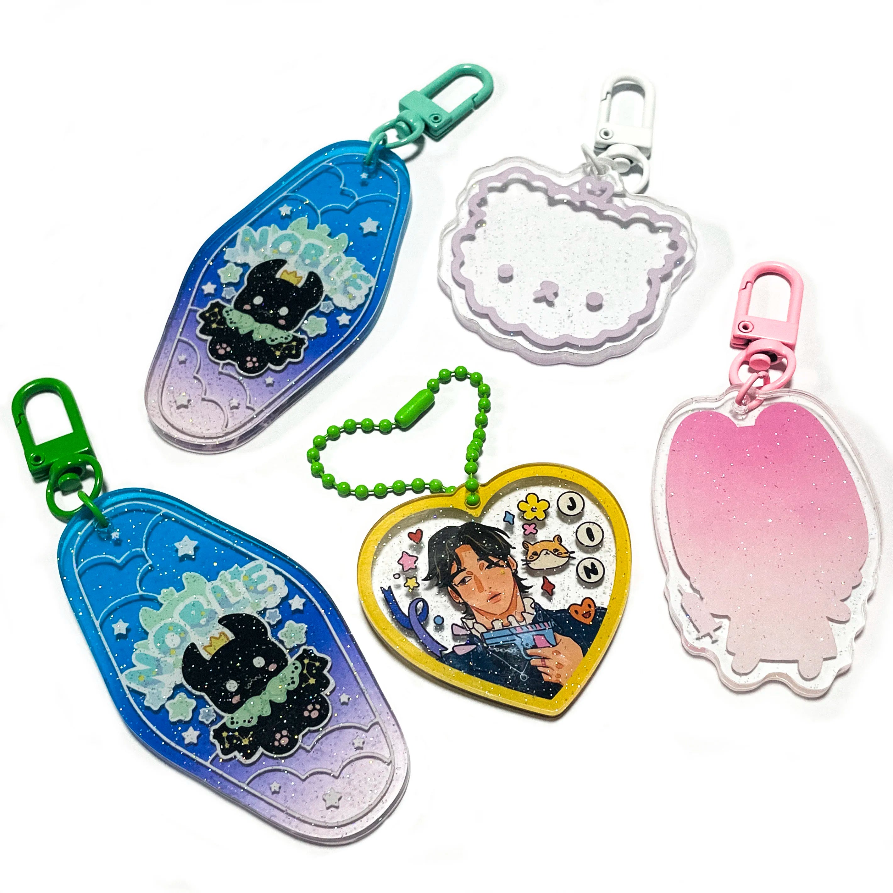 Kuien Custom Printed Glitter Board Keychain Hot Sale Anime Accessories Plastic Key Chains with Acrylic Glitter Charms