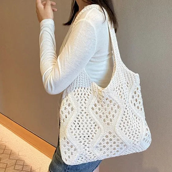 New Arrival Women's Large Capacity Solid Color Crochet Knitted Open Tote Beach Bags Fashionable Hot Sale for Autumn Summer