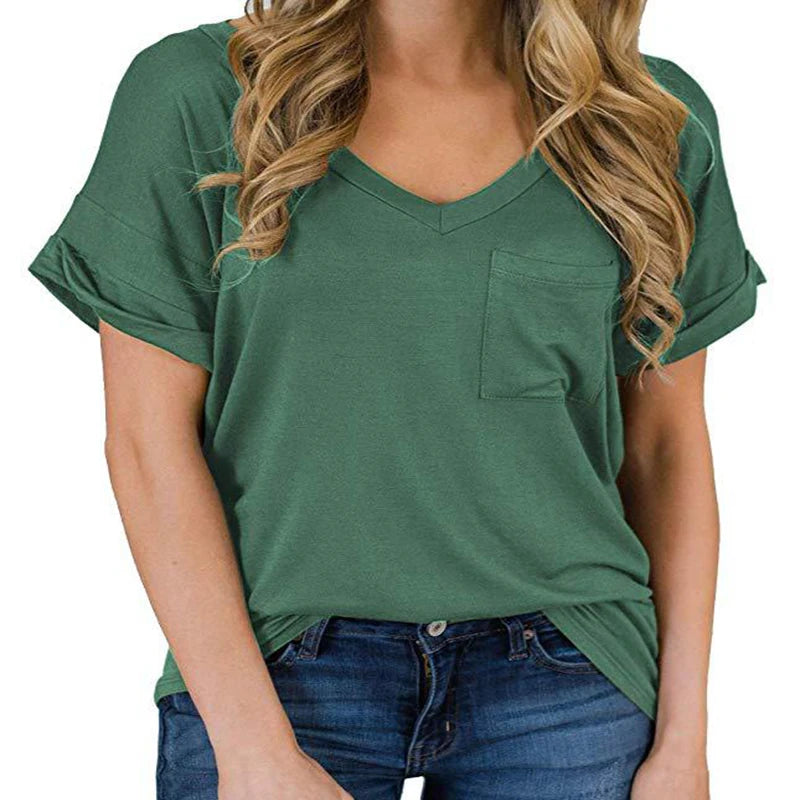 Fitspi Cross-border European Style Women V-neck T-shirt With Pocket
