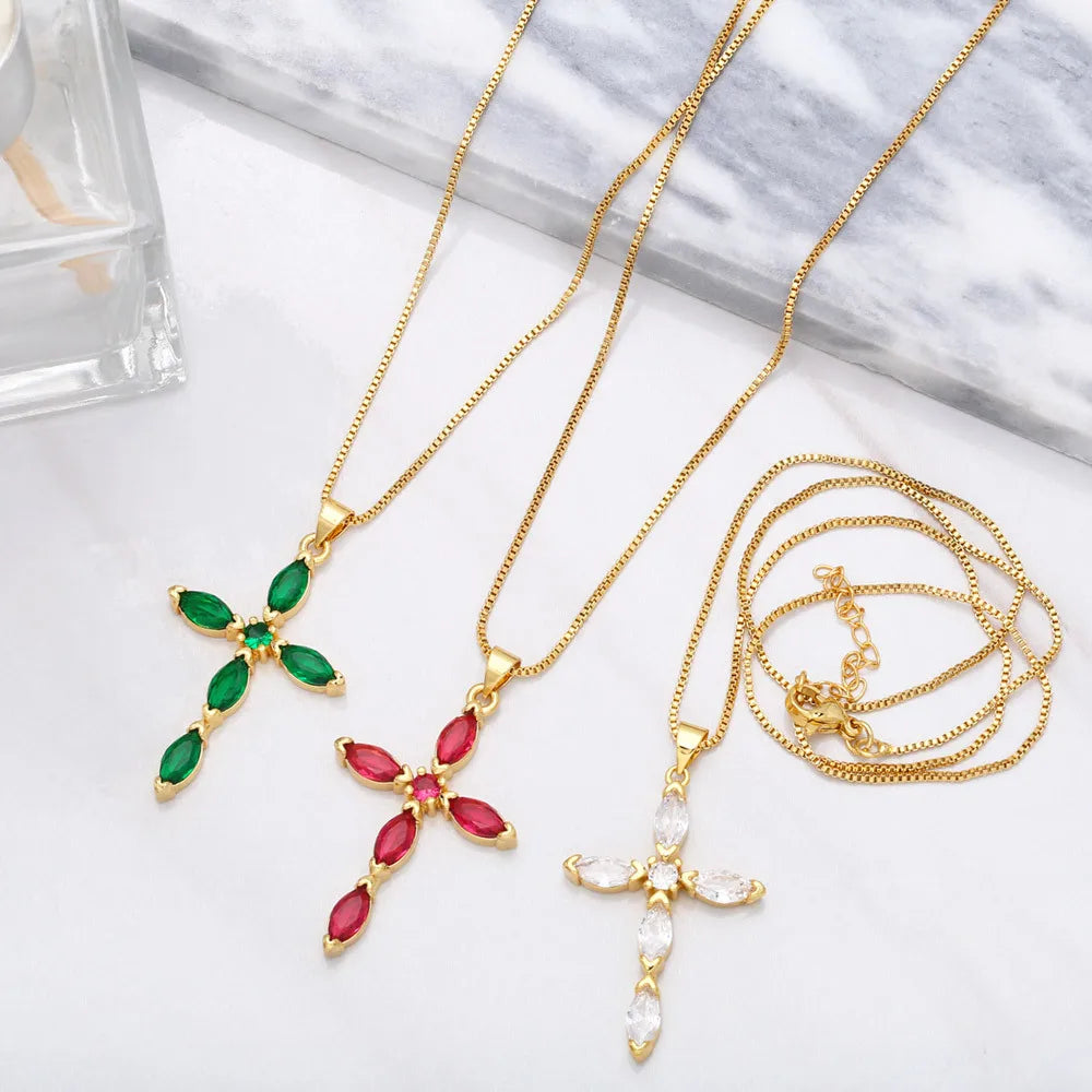 Collar Fashion 18K Gold CZ Diamond Colourful Cubic Zirconia Pendant Cross Necklaces for Women