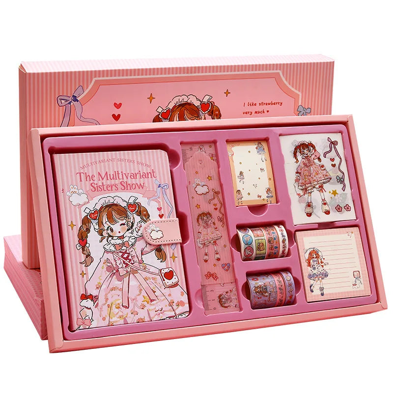 2023 Hot Product Exquisite Pink Journal Diary Notebook Stickers Gift Box School Supplies Gift Set for Girl Kawaii Stationery Set