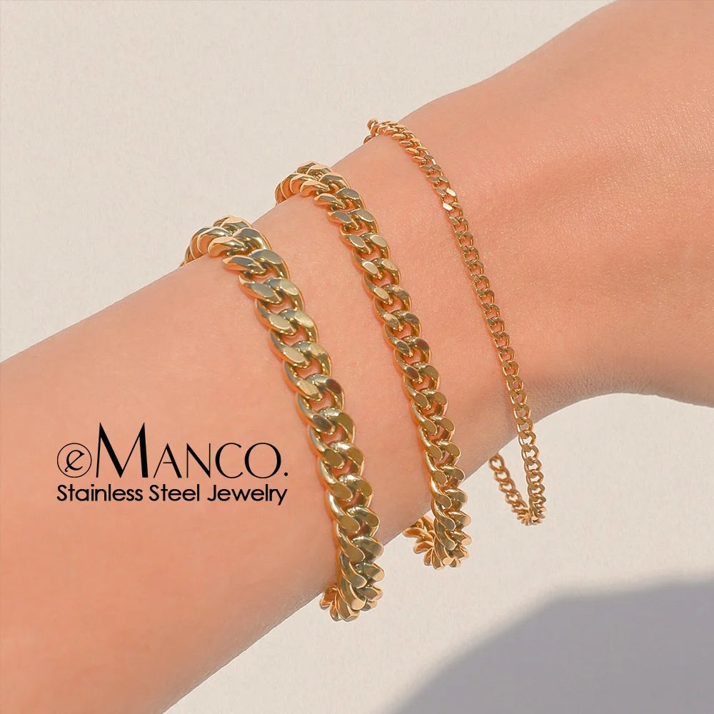 EManco Classic Cuban Chain Bracelet Women Men Trend Gold Color  Stainless Steel Chain Bracelet for Women Charms Jewelry Gift
