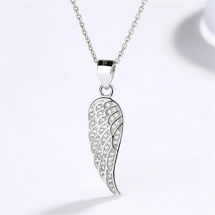 Fashion Trendy 925 Sterling Silver CZ Diamond Leather Angel Wing Pendant Necklace for Women