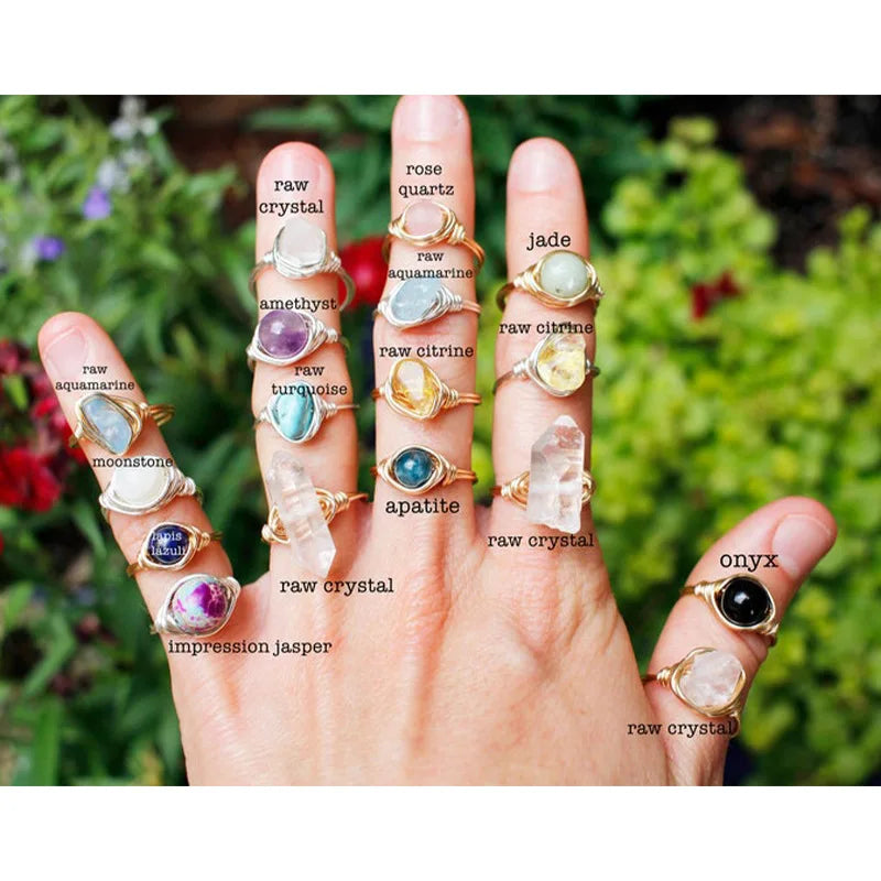 High Quality Trending Jewelry Handmade Wired Healing Birthstone Raw Crystal Gemstone Big Real Natural Stone Ring for Men Women