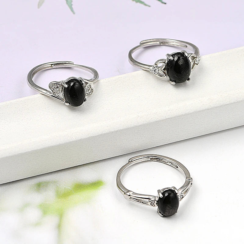 Natural Crystal Lovely Black Obsidian Oval Ring Exquisite 6*8mm Brass Adjustable Ring