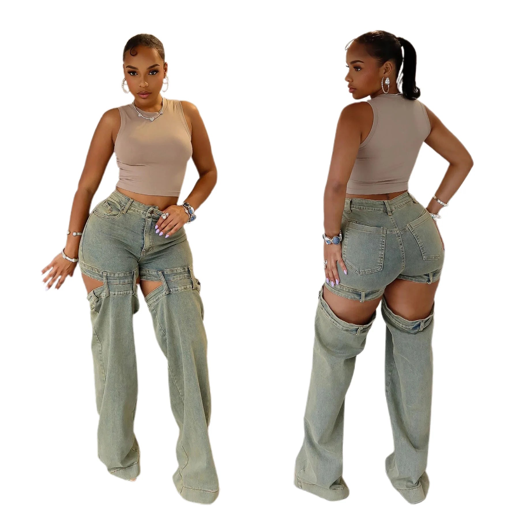 Women's Baggy Jeans High Waisted Hollow Out Wide Leg Hip Hop Vintage Denim Pants Y2K Streetwear Washed Trousers