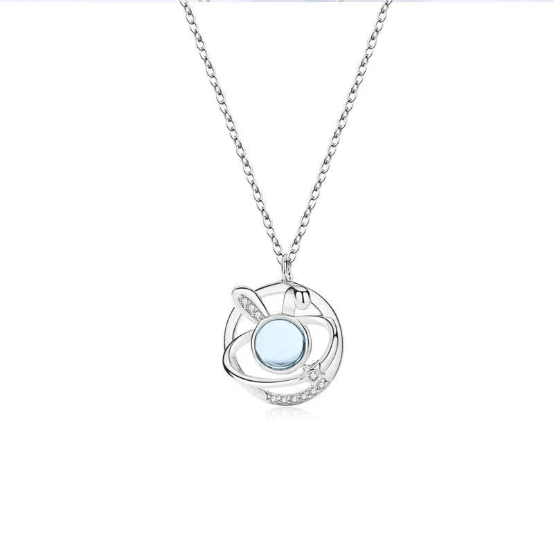 Religious Style Silver Rabbit Pendant Necklace Water-wave Chain Rhodium Plated Natural Moonstone Zircon for Wedding Party Gift