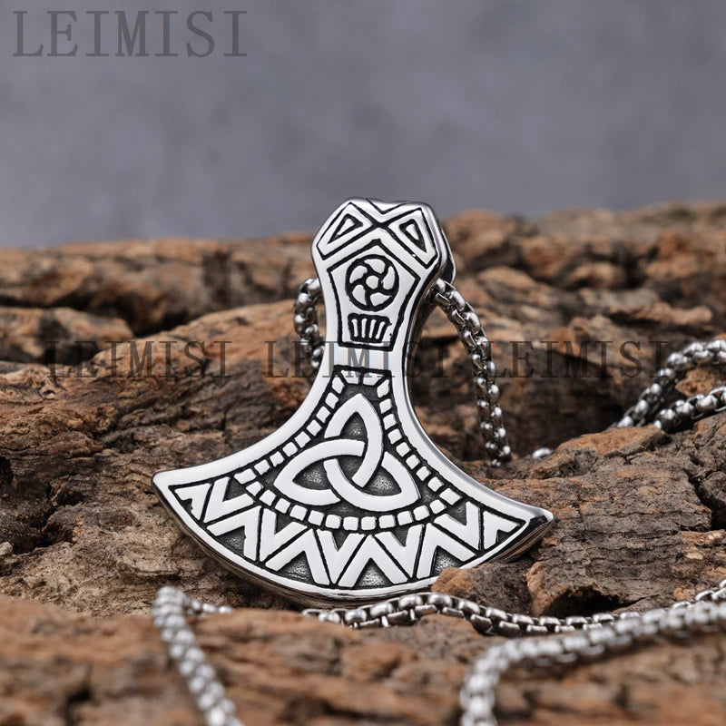 Water Proof Wheat Chain Box Chain Retro Antique Celtic Knot Viking Ax Stainless Steel Man Pendant Necklaces for Daily Wear