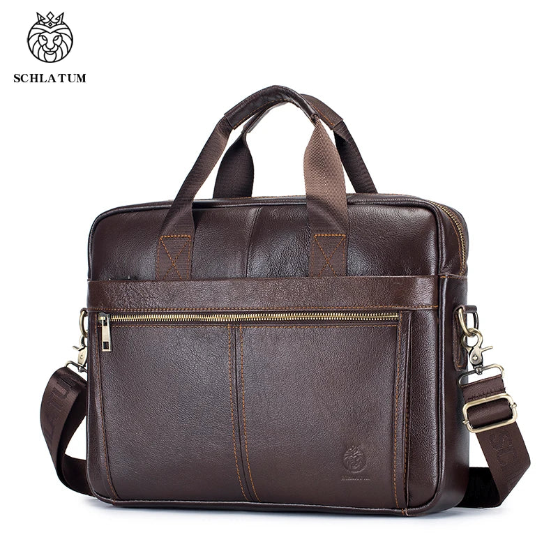 SCHLATUM Genuine Cowhide Leather Laptop Bag for Men Business Style Messenger with Zipper Closure Handbag MegaBDM