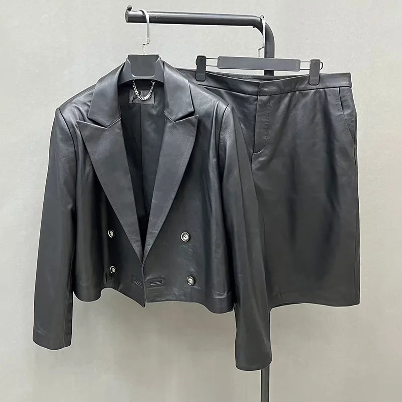 Turn-down Collar Office Lady Leather Jacket Pants Women Real Sheepskin Leather Sets