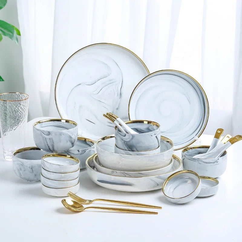 European Marbled Phnom Penh Ceramic Western Tableware Set Rice Household Deep Soup Dishes Noodles Soup Bowl