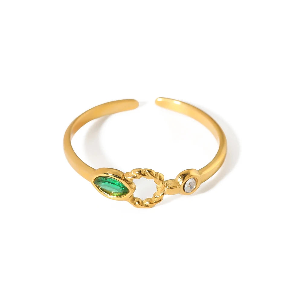 Competitive Price New Luxury Stainless Steel Gold Plated Green White Cubic Zircon Emerald Open Finger Rings
