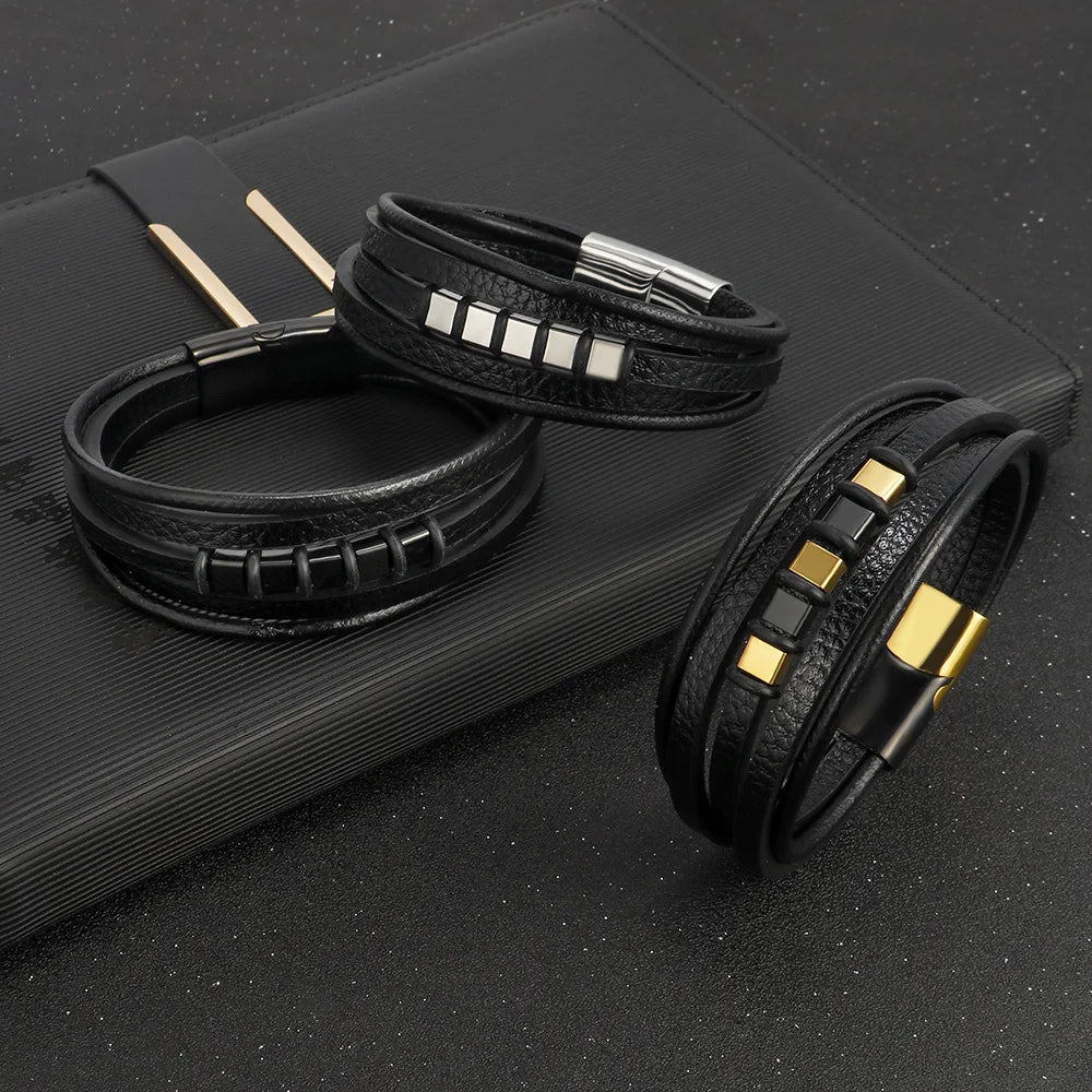 Adjustable Men's Leather Bracelet with Stainless Steel Magnetic Clasp Braided Genuine Leather Bracelet for Men