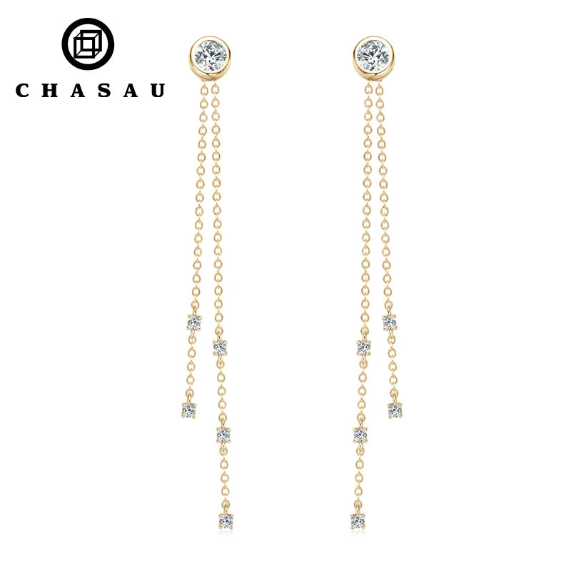 Women's Engagement Wedding Fine Jewelry 100% 925 Silver 14K Gold Plated 5mm Moissanite Drop Tassel Earrings