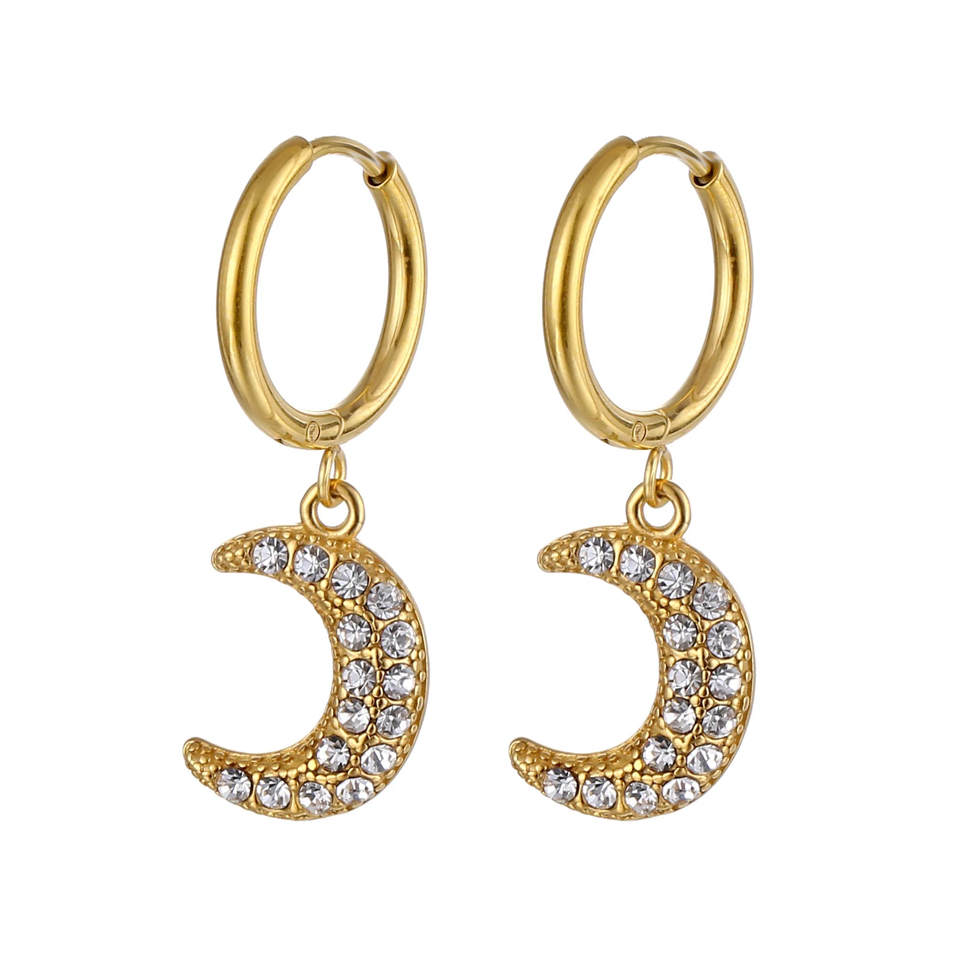 Hot Fashion Women Accessories Jewelry Hoop Dangle Earrings 18k Gold Tarnish Free Stainless Steel Crystal Crescent Moon Earrings