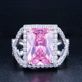 Generous Silver Plated Bright Square Pink Cubic Zirconia Big CZ Stone Wedding Eternity Ring for Women Girl Finger Party Jewelry