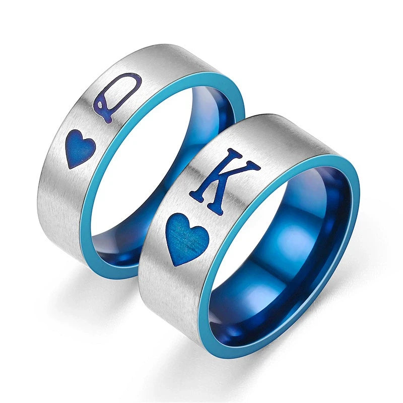 Stainless Steel King Queen Ring for Men Women Blue Q K Letter Couple Rings Jewelry Wedding Engagement Anniversary Lover Gift