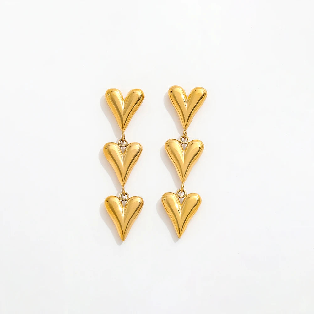 High End PVD 18K Gold Plated Waterproof 3 Triple Heart Dangle  Earring Stainless Steel Fashion Jewelry Wholesale