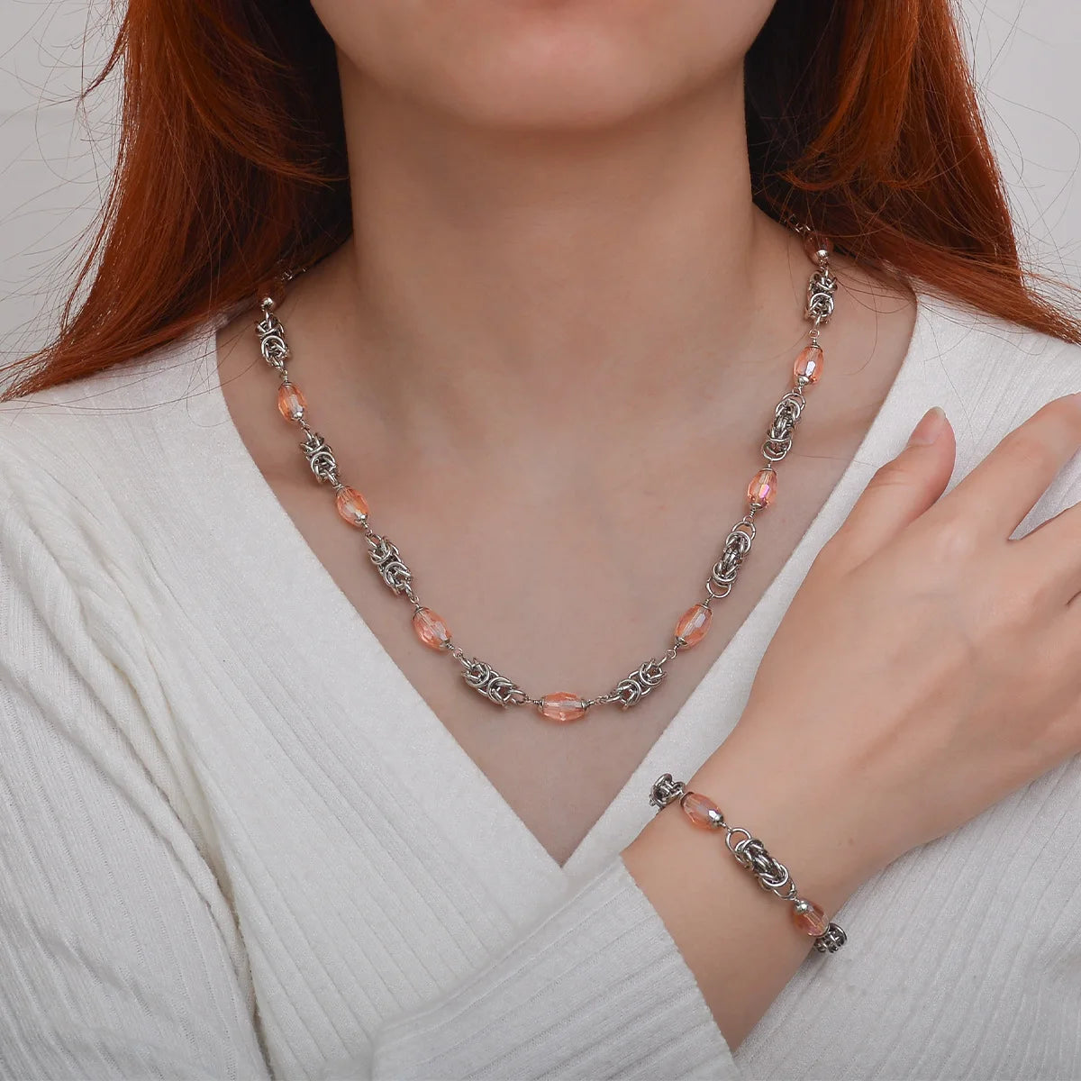 Wholesale New Design Stainless Steel Irregular Necklace Bracelet Set Threaded Interlocking Chain Silver Wedding Engagement
