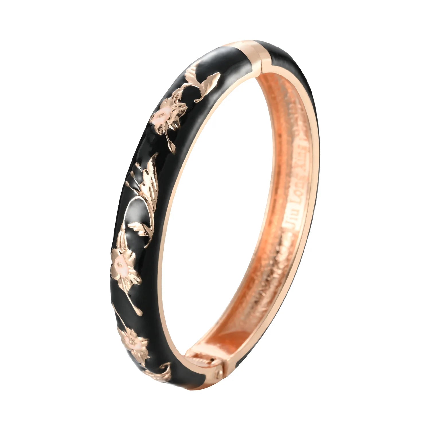 Daili Women's Classic Enamel Bracelet Hot Sale Black Bangle with Gold Plating Zinc Alloy Flower Bangle