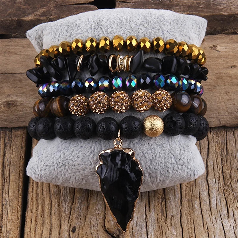 Fashion Women Beautiful Druzy Cubic Zircon Natural Gemstone Crystal Glass Bracelet lava Arrow Charm Stack Bracelet Set
