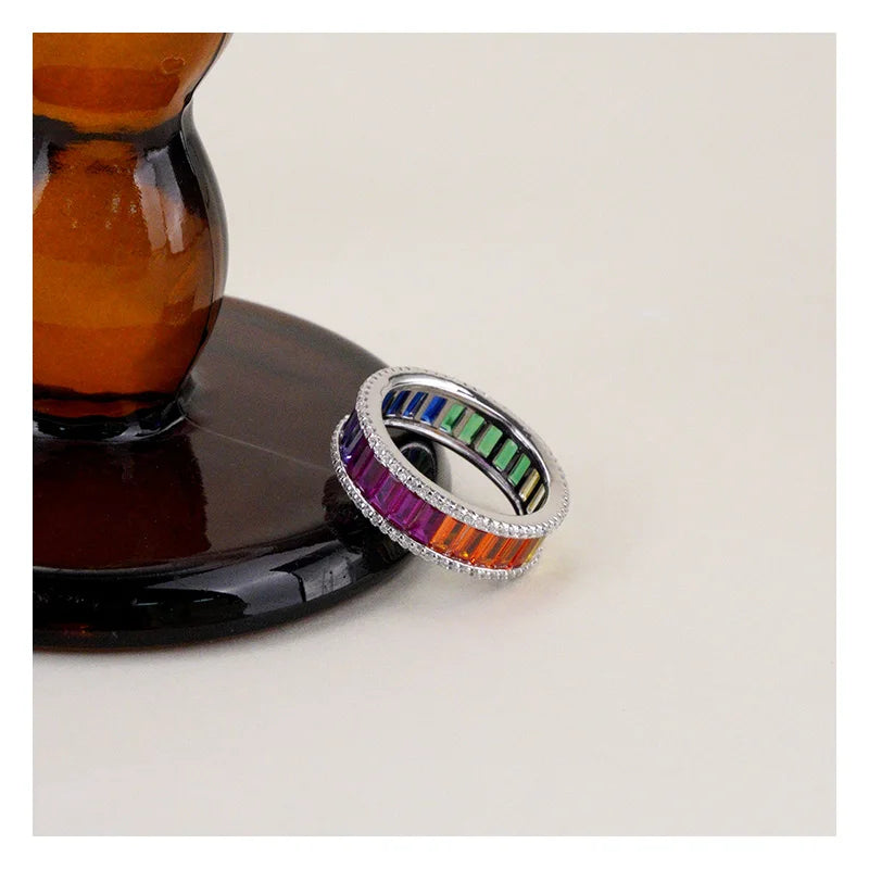 Popular Waterproof Rainbow White Gold 925 Silver Wedding Eternity Ring Women Multicolor Baguette Cubic Party Anniversary