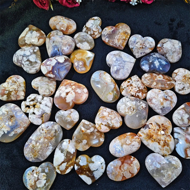 Wholesale Natural Pink Flower Agate Crystal Palm Healing Heart Stones for  Meditation