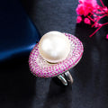 Resizable Silver Plated Micro Pave Pink Red Cubic Zircon Stones Women CZ Big Bold Statement Oval Pearl Rings for Party Wedding