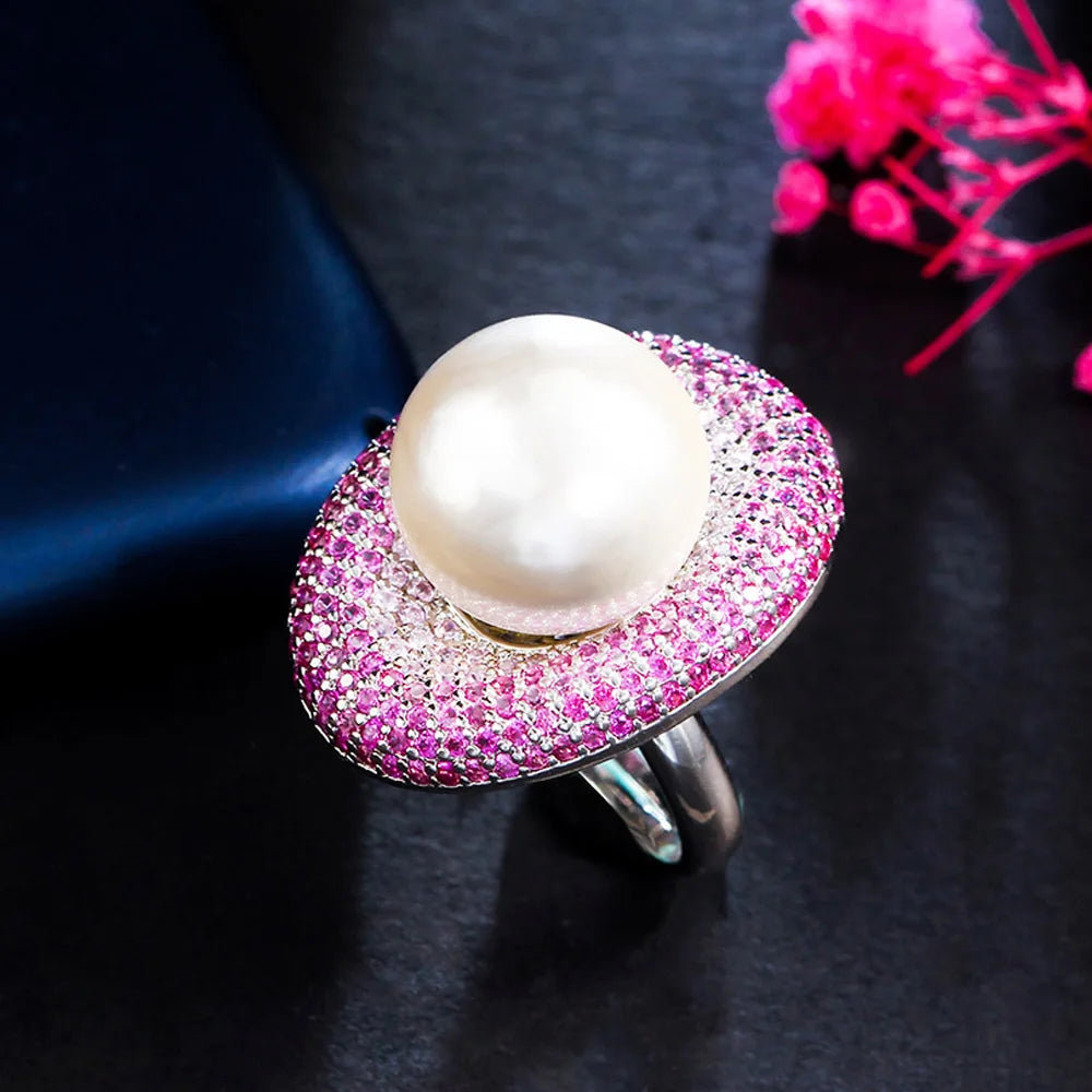 Resizable Silver Plated Micro Pave Pink Red Cubic Zircon Stones Women CZ Big Bold Statement Oval Pearl Rings for Party Wedding