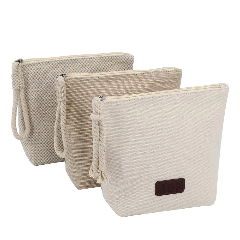 Double-layer Thickened Cotton Jute Canvas Bowl Shape Travel Make up Storage Bag Zipper Pouch Cosmetic Bag with Rope Handler