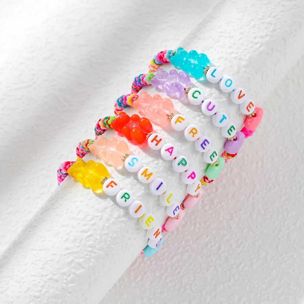 Handmade Soft Pottery Woven Bracelet Summer Bohemia Adjustable Bear Letter Charm Bracelet