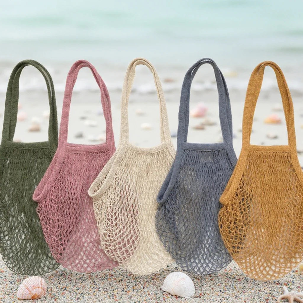 Portable Organic Cotton Mesh Recyclable Reusable Shopping Tote with Rainbow String and Short Handle for Beach Market