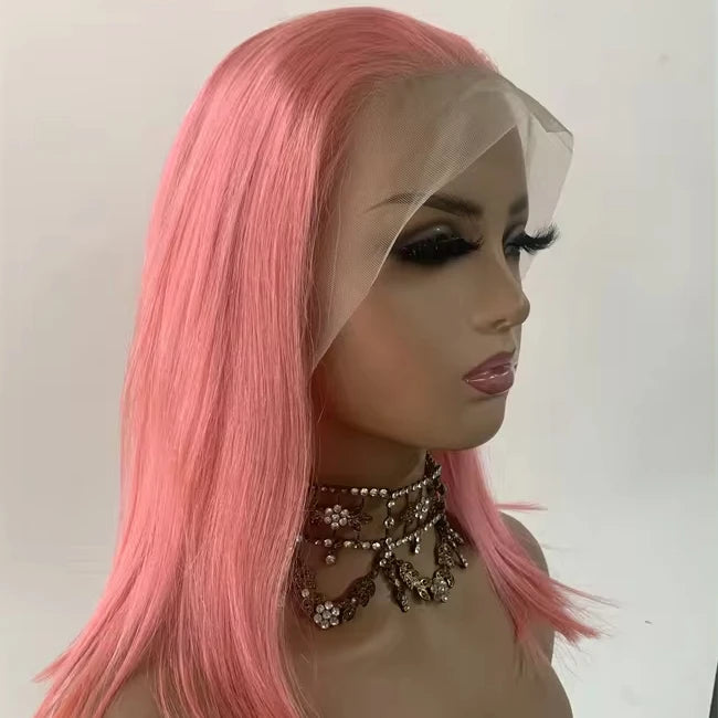 DX012  Front Lace Wig Dyna Street bob Wigs Rose pink Color  harley  Human Hair bob 14" for Black Women  jacquemus  bob Hat