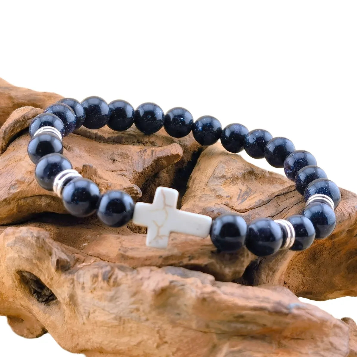 Syn.Blue SandstoneNatural Gemstone Infinity Stretch Cross Bracelet Beads for Women Men Classic Healing Energy Bangle Jewelry